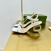 MEDIUM-HEEL SANDAL IN WHITE CALFSKIN GOLD HARDWARE WITH RHINSTONES